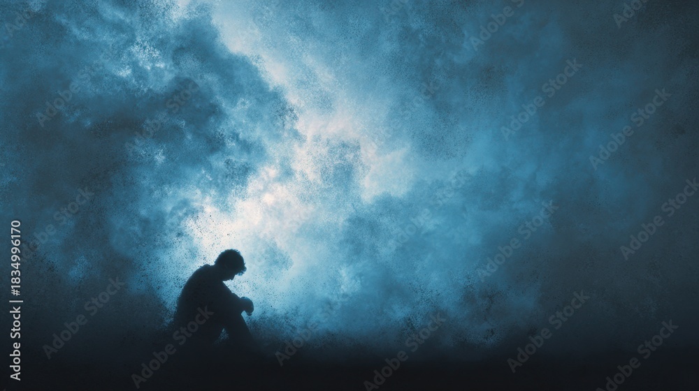 Obraz premium Solitude in Storm: A lone figure, lost in thought, is silhouetted against a dramatic backdrop of swirling storm clouds, evoking feelings of introspection and emotional depth.