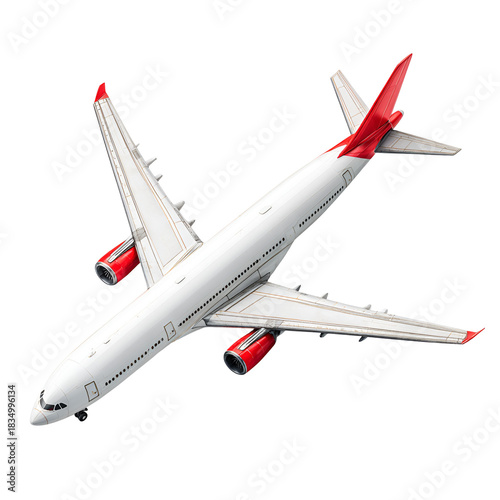 White airplane model with red accents on a white background