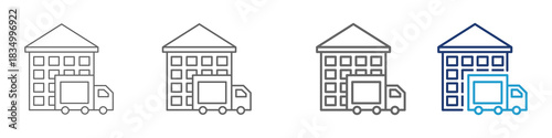 Set icon of a Building Warehouse in thin Line Style and blue color. deisgn, vector and illustration