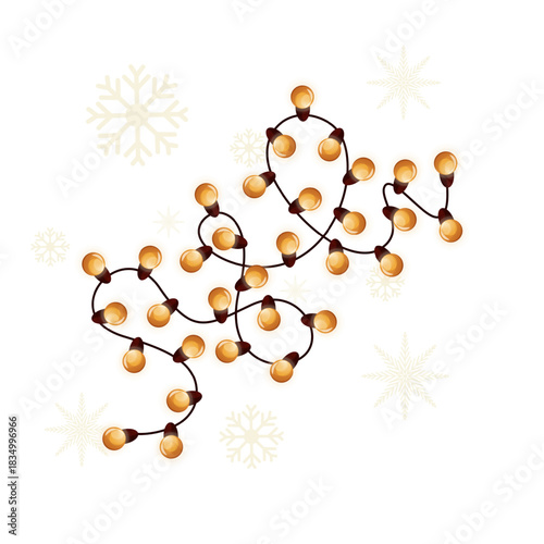 Christmas garland on a white background with snowflakes. Round light bulbs of golden color. New Year's vector illustration.