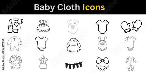 Baby Clothes Outline Icons: Vector Set of Newborn Clothing, Rompers, Dresses, and Accessories