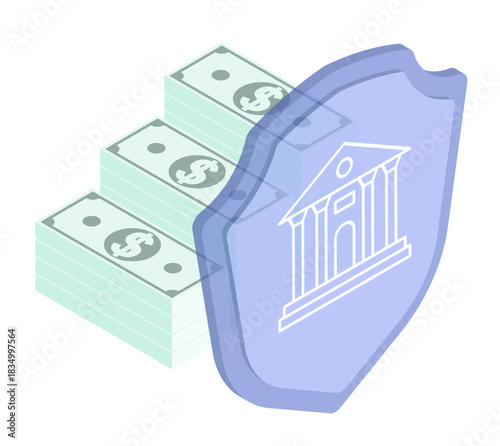 Isometric guaranteed protection of bank deposits from theft and inflation. Isolated cartoon vector concept on white background top view