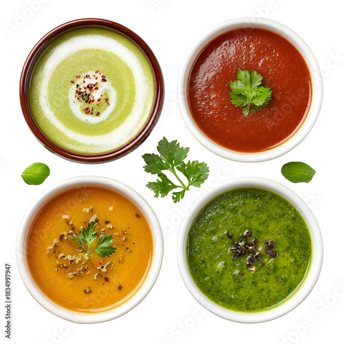Four bowls of colorful and delicious gourmet soups arranged on a white background