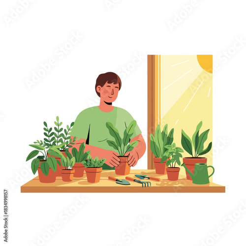 Relaxing hobby tending vibrant houseplants by sunlit window at home