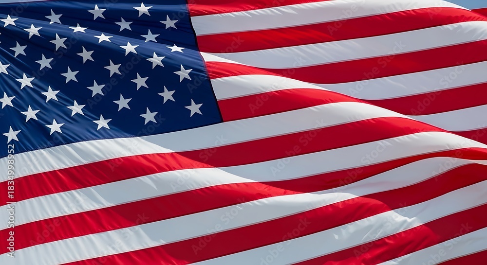 Fototapeta premium Waving national flag with stars and stripes blows in the wind.