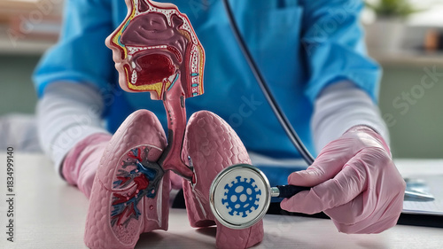 Quadro su tela A doctor examines a model lung for signs of infection and viruses concept
