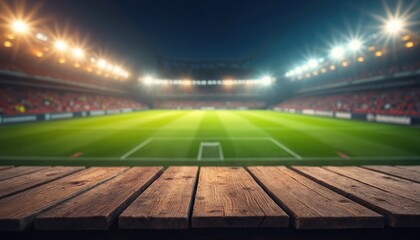 Empty wooden table surface in front of blurred soccer stadium at night with bright floodlights. Perfect for product placement or sports themed ads.
