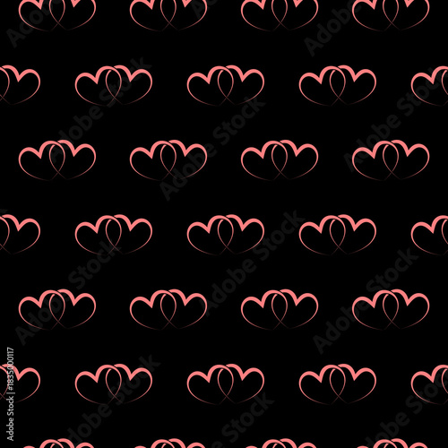 Two linked hearts seamless pattern isolated on black background