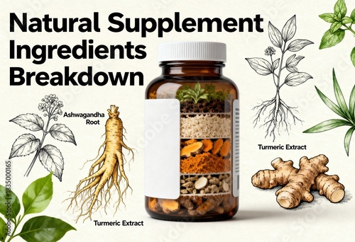 Visual breakdown of natural supplement ingredients, featuring a layered bottle with Ashwagandha root and Turmeric extract, highlighting botanical sources.
