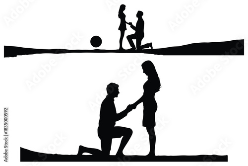 Couple silhouettes proposing marriage at sunset and holding hands