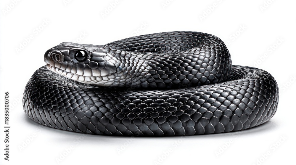 Fototapeta premium Striking studio portrait of a black snake coiled on a clean white background
