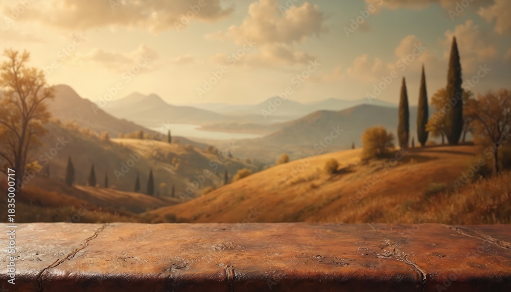 Naklejka premium Foreground rustic wooden table offers view of rolling hills, cypress trees, distant lake, hazy mountains under golden sky. Autumnal landscape provides warm, tranquil atmosphere for product placement.