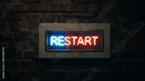 Dolly Push In to Neon Restart Sign on Brick Wall with Blue Letters Flickering and Turning Off to Spell Start