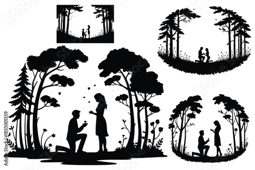 Couple proposal silhouette in forest with trees and hearts