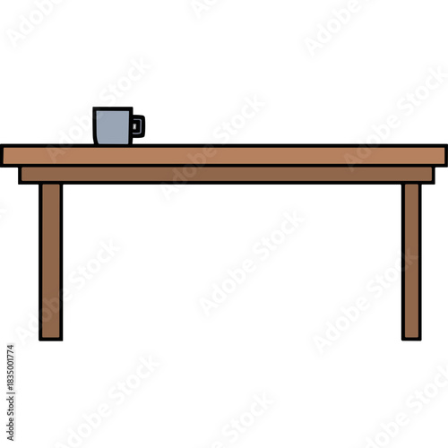 Minimalist illustration of a plain wooden table with a single gray mug placed on its surface against a stark black background creating a simple and uncluttered composition