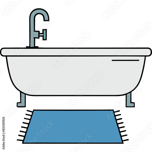 Minimalist Illustration of a White Bathtub with a Blue Bath Mat and Chrome Faucet on a Black Background Clean Bathroom Scene