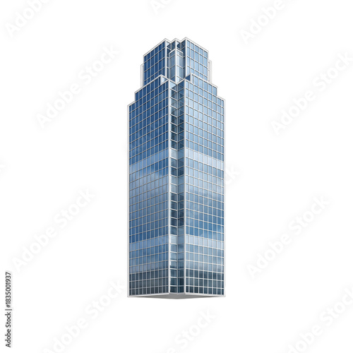 Modern Glass Skyscraper Towering Against a White Background.