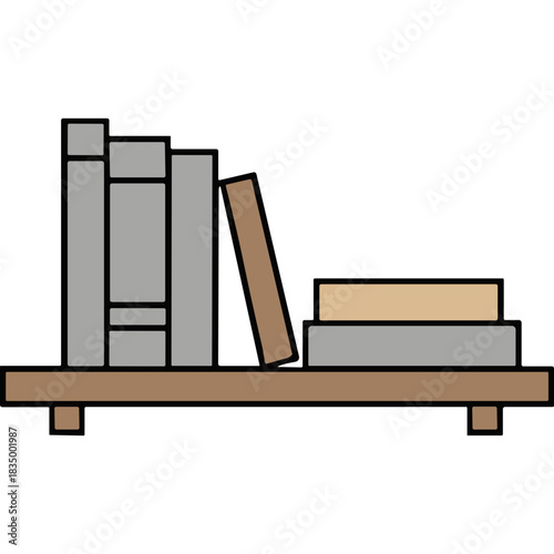 Minimalist Illustration Of A Wooden Shelf With Stacked Books In Various Shades Of Gray And Tan Against A Black Background