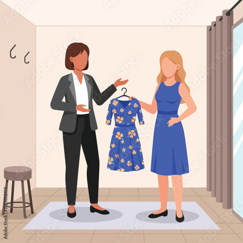 Stylish shopper gets fashion advice on beautiful blue floral dress