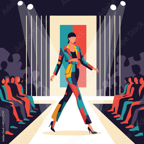 Stylish model struts fashion runway show captivating audience with bold attire