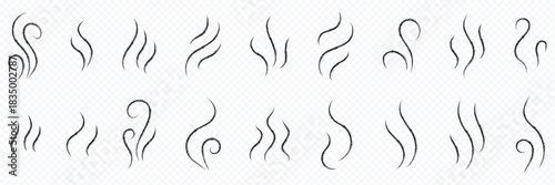 Blue smoke and steam icon set vector on transparent background. Hit stink, coffee, fragrance flame elements. Smoke smell, steam aroma heat symbol. handdrawn wavy lines brush grunge icon vector set.