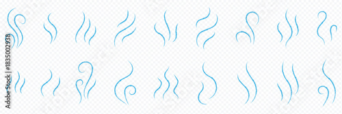 Blue smoke and steam icon set vector on transparent background. Hit stink, coffee, fragrance flame elements. Smoke smell, steam aroma heat symbol. handdrawn wavy lines brush grunge icon vector set.