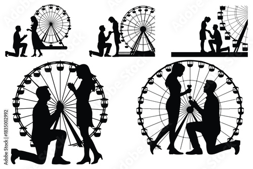Couple proposing marriage with Ferris wheel background silhouettes