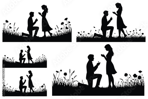 Couple proposing in field of flowers silhouette proposal