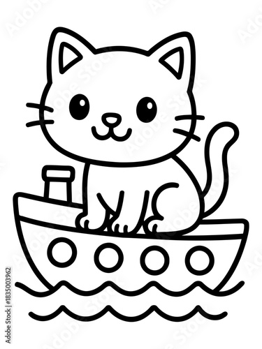 Whimsical Kitty's Sea Voyage: A charming cartoon kitten embarks on a nautical adventure, sailing the waves aboard a delightful vessel. This scene is simple yet delightful.