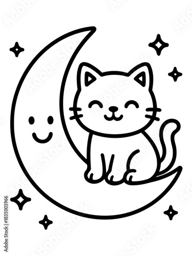 Whimsical Feline's Lunar Dream: A charming cartoon cat, perched serenely atop a crescent moon, radiates joy amidst a constellation of twinkling stars.