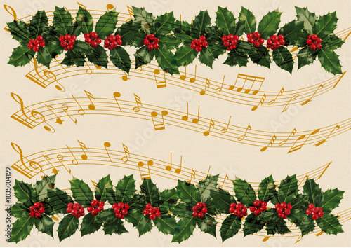 vector christmas holly leaves and berries isolated on vintage music notes background