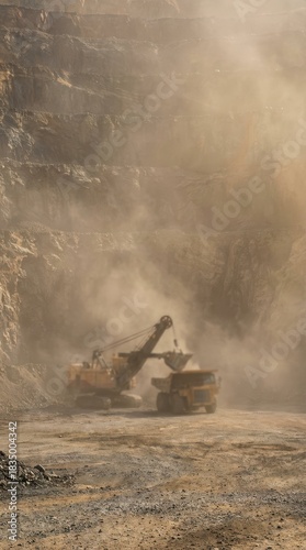 Heavy Machinery Operation in Dusty Stone Quarry at Sunrise
