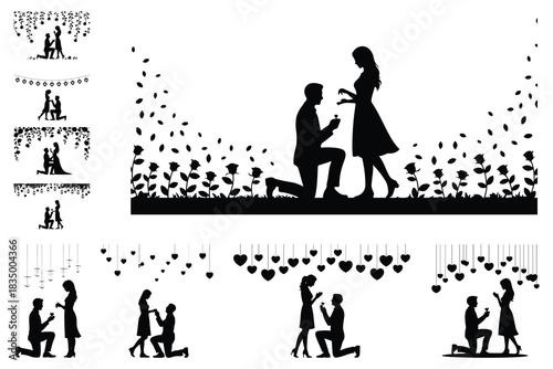 Couple proposal silhouette with roses and hearts woman
