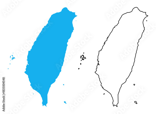 Taiwan country map. Map in various outline and blue silhouette styles