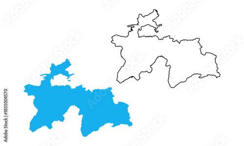 Tajikistan country map. Map in various outline and blue silhouette styles
