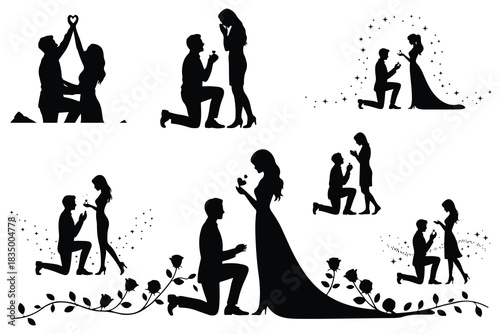 Couple proposal silhouettes with roses and stars engagement