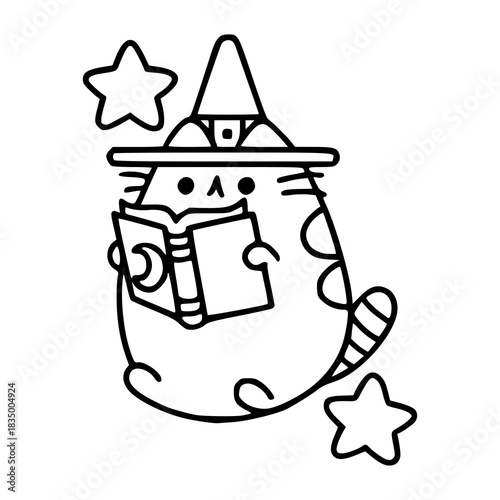 kawaii feline wizard with pointy hat and magical stars outline