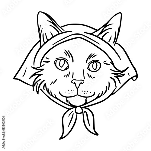 cute babushka cat head scarf line art