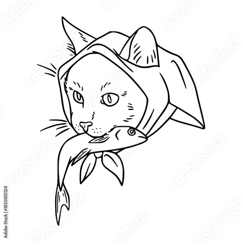 folklore cat with fish catch