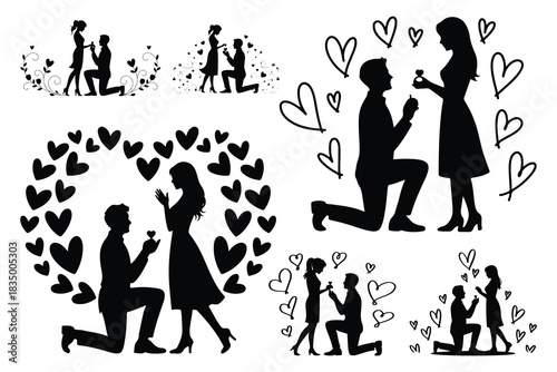 Black silhouette couple proposal with hearts and floral elements