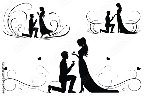 Silhouette couple proposal with hearts and swirls engagement