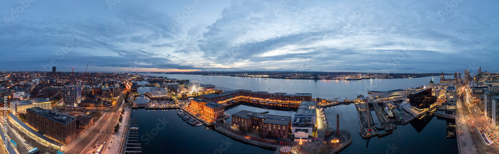 Fototapeta premium Aerial panorama of Pier Head at night, Liverpool, Merseyside, England