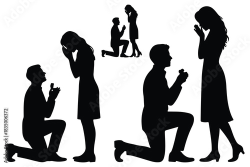 Multiple black silhouettes of couples proposing marriage