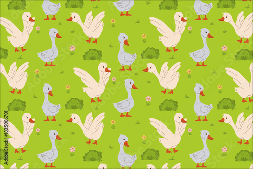 Vector illustration of a playful pattern featuring animated geese on a vibrant green background. The design highlights various poses of the geese, creating a lively and cheerful effect.