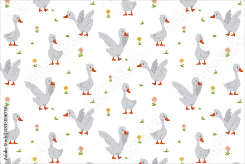 Charming seamless pattern featuring playful cartoon geese surrounded by flowers and grass. This vector illustration is perfect for textiles, wallpapers, and creative designs.