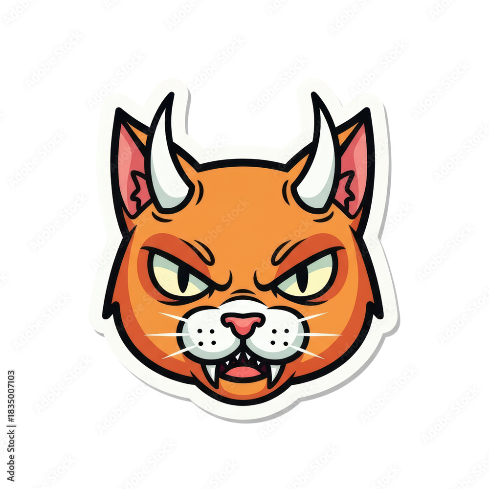 Obraz premium Fierce orange cat head with horns and fangs on transparent background
