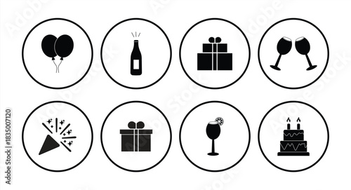 icon set of birthday party and new year celebration, vector illustration