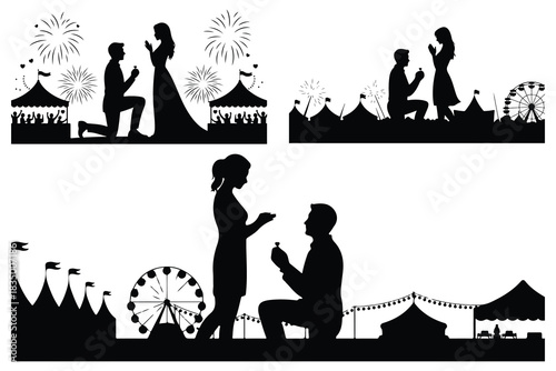 Couple proposing at carnival with fireworks and Ferris wheel