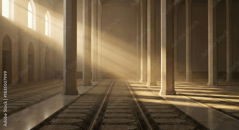 Obraz premium A grand hall with tall columns and dramatic sunbeams streaming through windows, creating a serene and atmospheric interior.