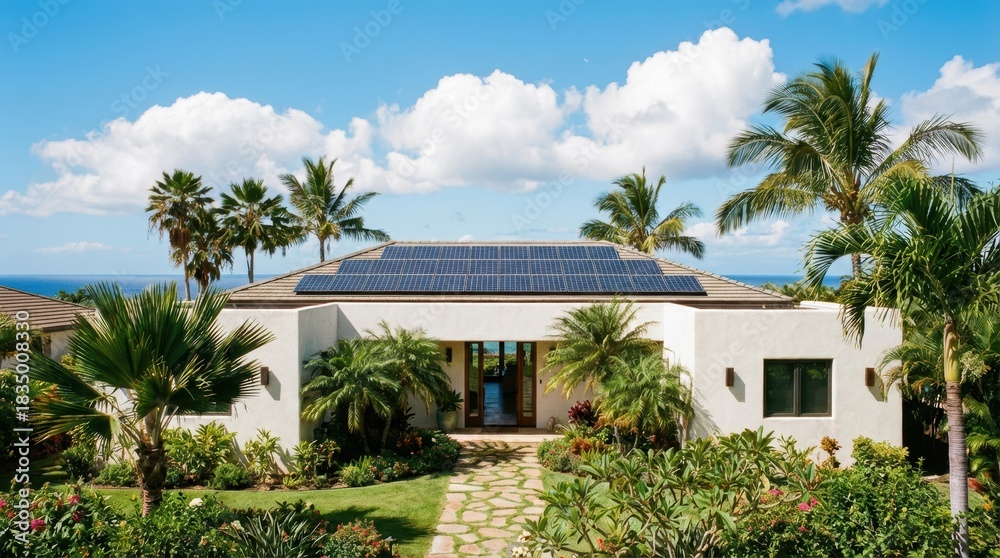 Fototapeta premium A modern house featuring solar panels, surrounded by lush tropical plants, with a clear blue sky and ocean in the background.